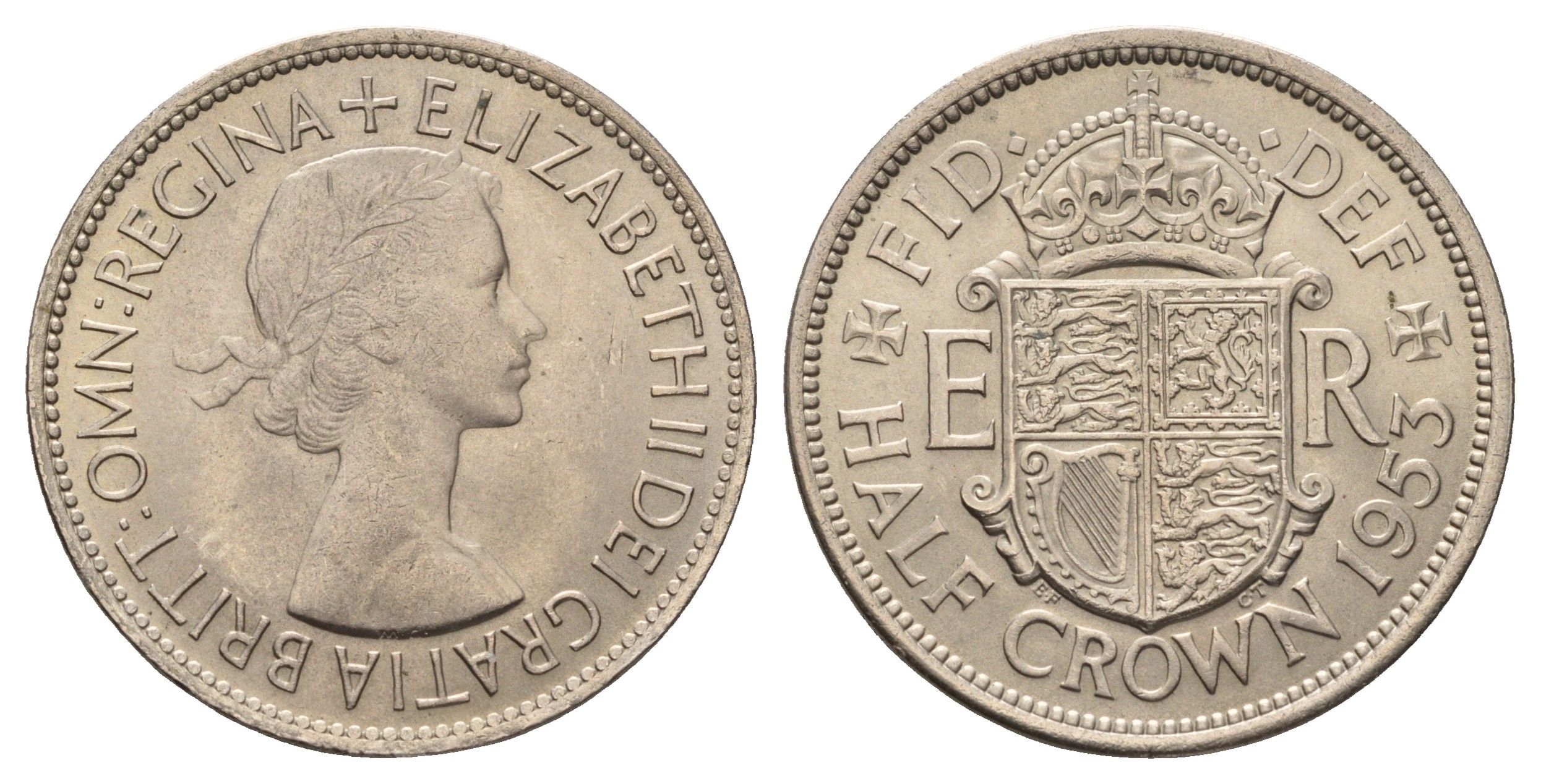 Великобритания 1/2 кроны 1953 Елизавета II (1952-2022), год-тип KM 893, Spink 4137 медно-никель aUNC 270-322