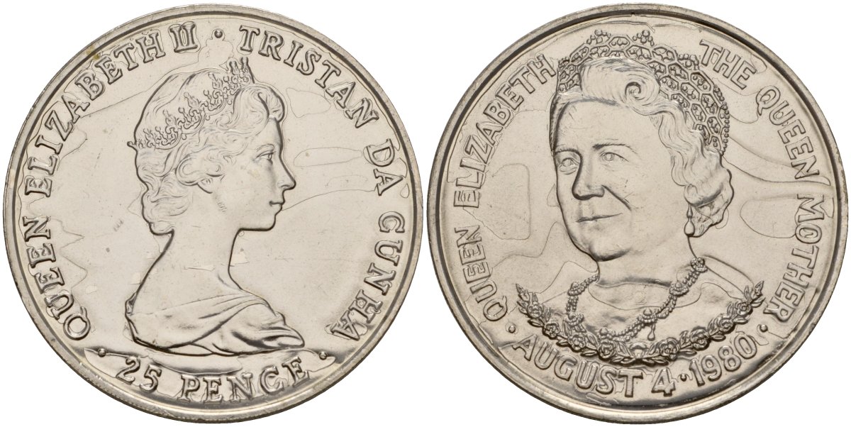 Тристан-да-Кунья 25 пенсов 1980 80 лет со дня рождения Королевы-Матери, в лаке KM 3 медно-никель UNC 4125-635