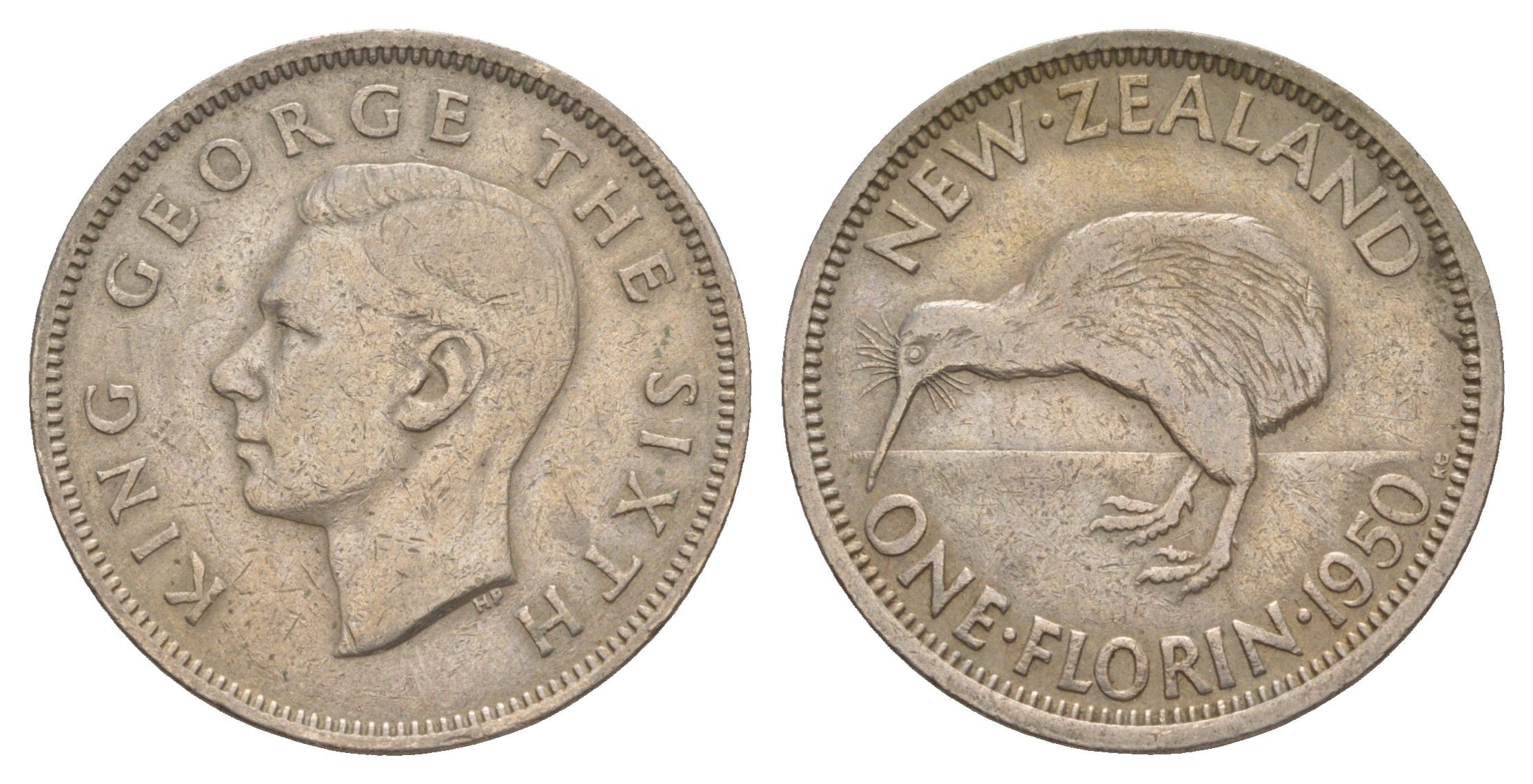 Новая Зеландия 1 флорин = 2 шиллинга 1950 Георг VI (1936-1952), птичка киви KM 18 медно-никель 4650-813