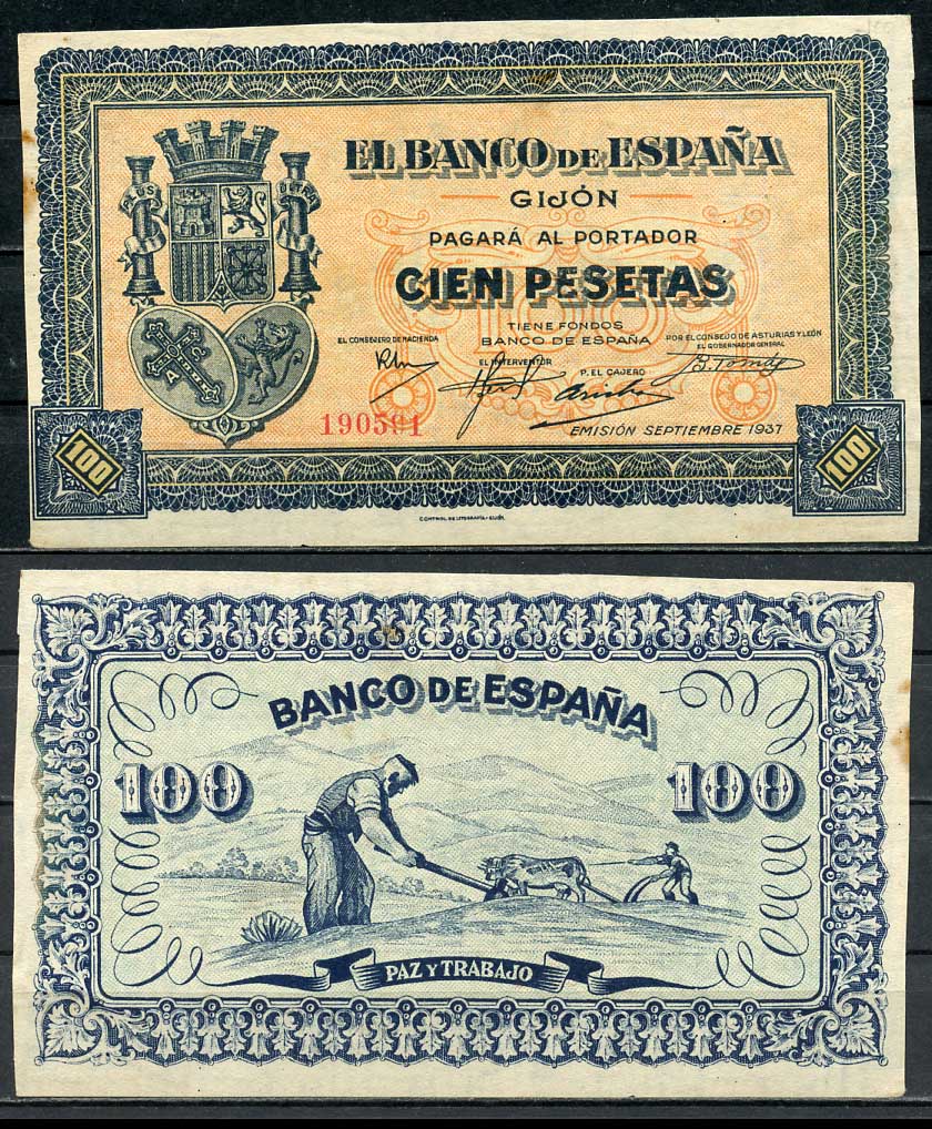 Испания, Хихон (Gijon) 100 песет 1937 гражданская война Pick S 580 бумага aUNC 451-660-3