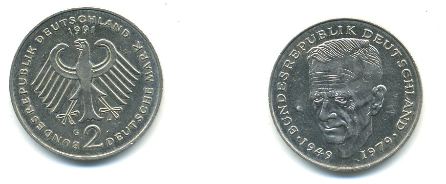 ФРГ 2 МАРКИ 1991 G, КУРТ ШУМАХЕР KM 149, J. 424 медно-никель плакированный никелем 76-446