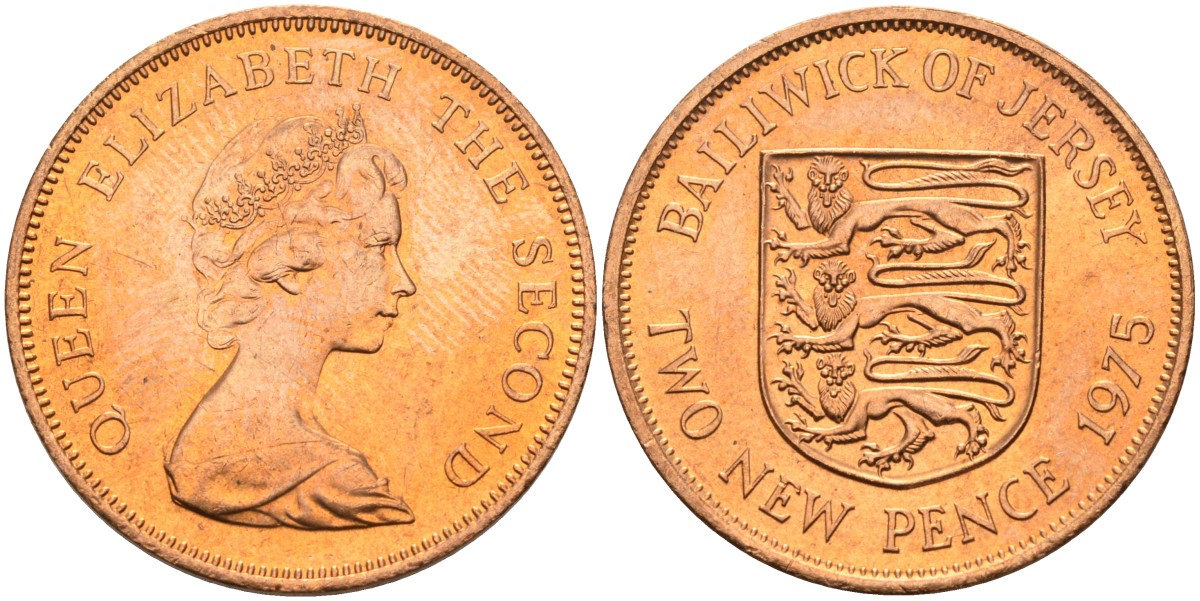 Джерси 2 пенса 1975 герб, Елизавета II (1952-2022) KM 31 бронза UNC 4367-422