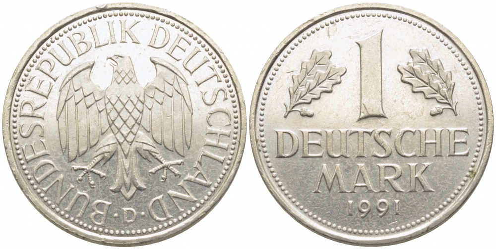 ФРГ 1 МАРКА 1991 D J.385, KM 110 медно-никель 3856-236