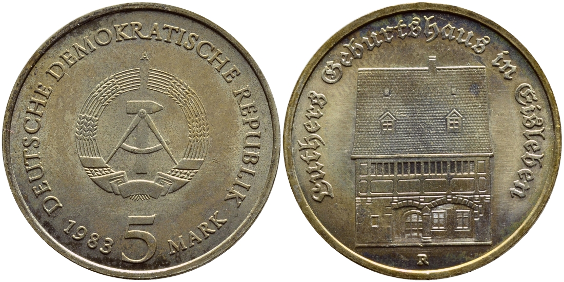 ГДР 5 марок 1983 А, Мартин Лютер, дом рождения в Айслебене KM 90, J. 1590 медно-никель aUNC 3897-1113