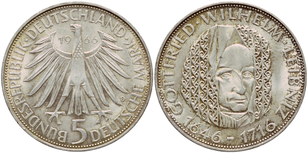 ФРГ 5 марок 1966 D, 250 лет со дня смерти Готфрида Вильгельма Лейбница J. 394, KM 119.1 серебро aUNC 1529-133