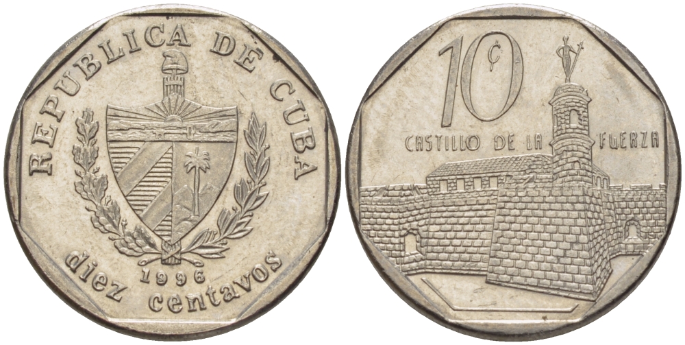 Куба 10 сентаво 1996 форт в Гаване Ла-Фуэрса KM 576.2 сталь плакированная никелем 66-664