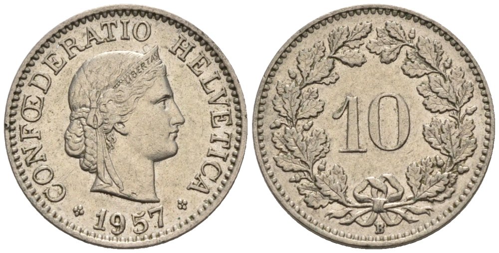 Швейцария 10 раппенов 1957 В KM 27 медно-никель 4576-947