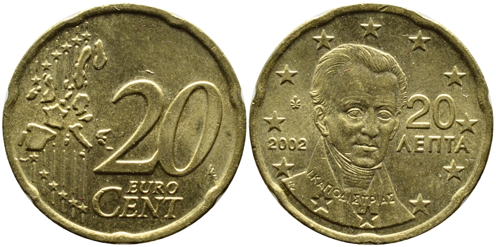 ГРЕЦИЯ 20 ЕВРОЦЕНТОВ 2002 KM 185 латунь 4390-1146
