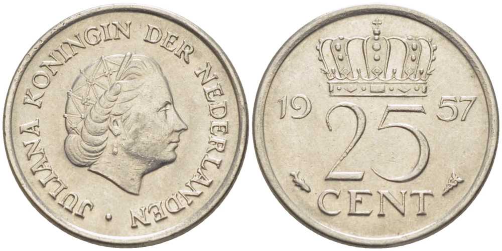 Нидерланды 25 центов 1957 Юлиана (1949-1980) KM 183 никель 214-923