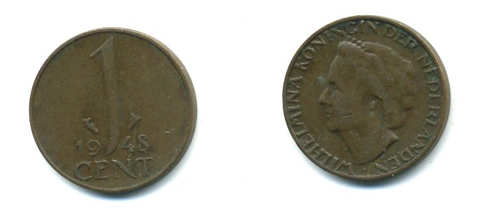 Нидерланды 1 цент 1948 Вильгельмина (1890-1948), год тип KM 175 бронза 54-1115