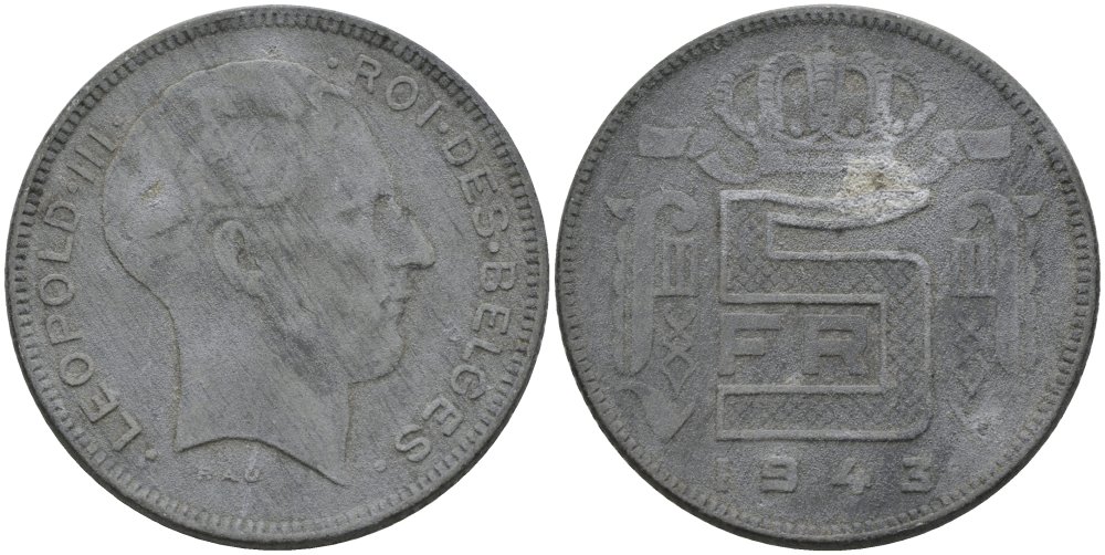Бельгия 5 франков 1943 BELGES, Леопольд III (1934-1947) KM 129.1 цинк 4579-252