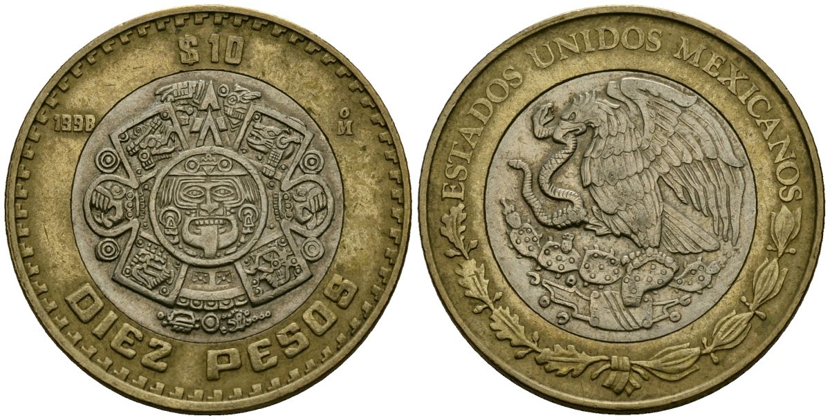 Мексика 10 песо 1998 Мо, бог Тонатиуха с огненной маской KM 616 биметалл 4120-336