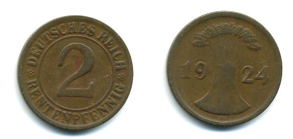 ГЕРМАНИЯ 2 РЕНТПФЕННИГА 1924 D J 307, KM 31 бронза 46-1238