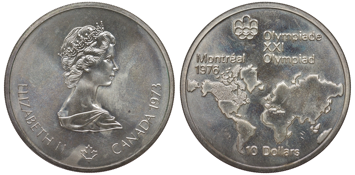 Канада 10 долларов 1973 XXI летние Олимпийские игры в Монреале 1976 года, Канада на карте мира KM 86.1 серебро  UNC  11-150-35