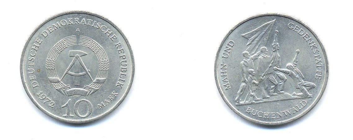 ГДР 10 марок 1972 A, мемориал Бухенвальда KM 38, J. 1539 медно-никель 3333-233