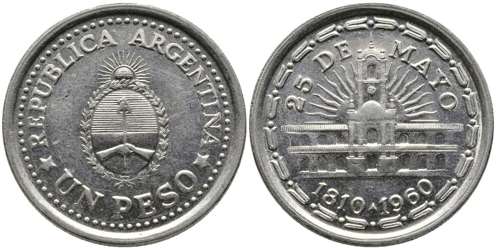 Аргентина 1 песо 1960 150 лет свержения Испанского вице-короля (1810-1960) KM 58 сталь плакированная никелем 3336-736