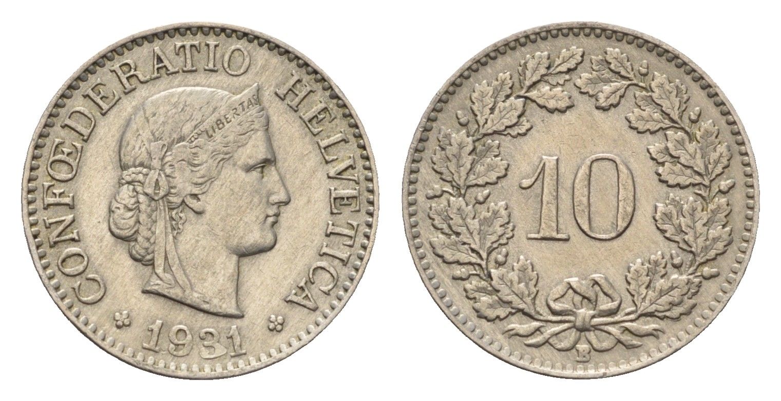 Швейцария 10 раппенов 1931 KM 27 медно-никель 4685-241