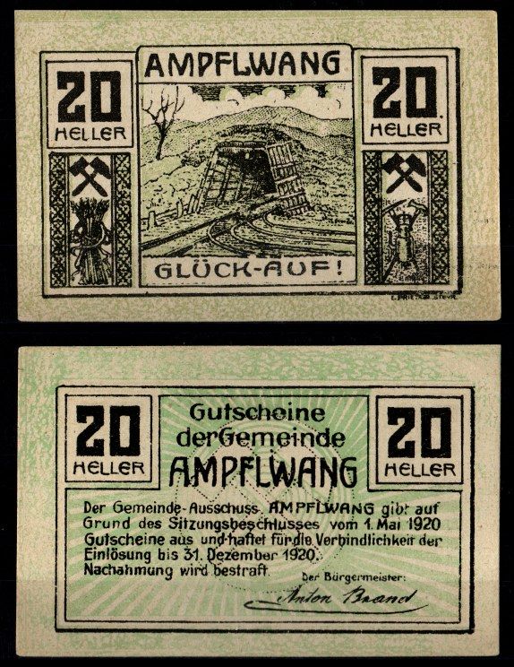 Австрия, Ампфльванг 20 геллеров 1920 бумага 2193-30-3-1