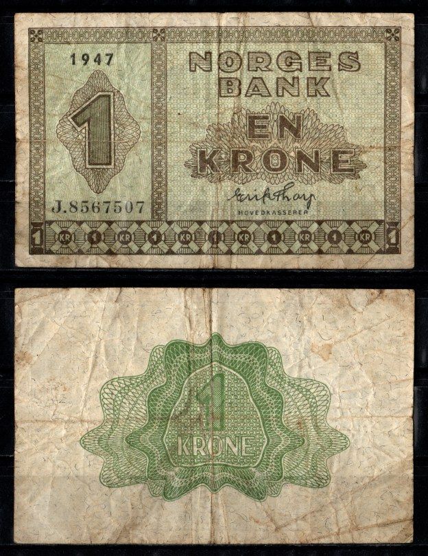 Норвегия 1 крона 1947 Pick 15 b бумага 7457-26-2-2