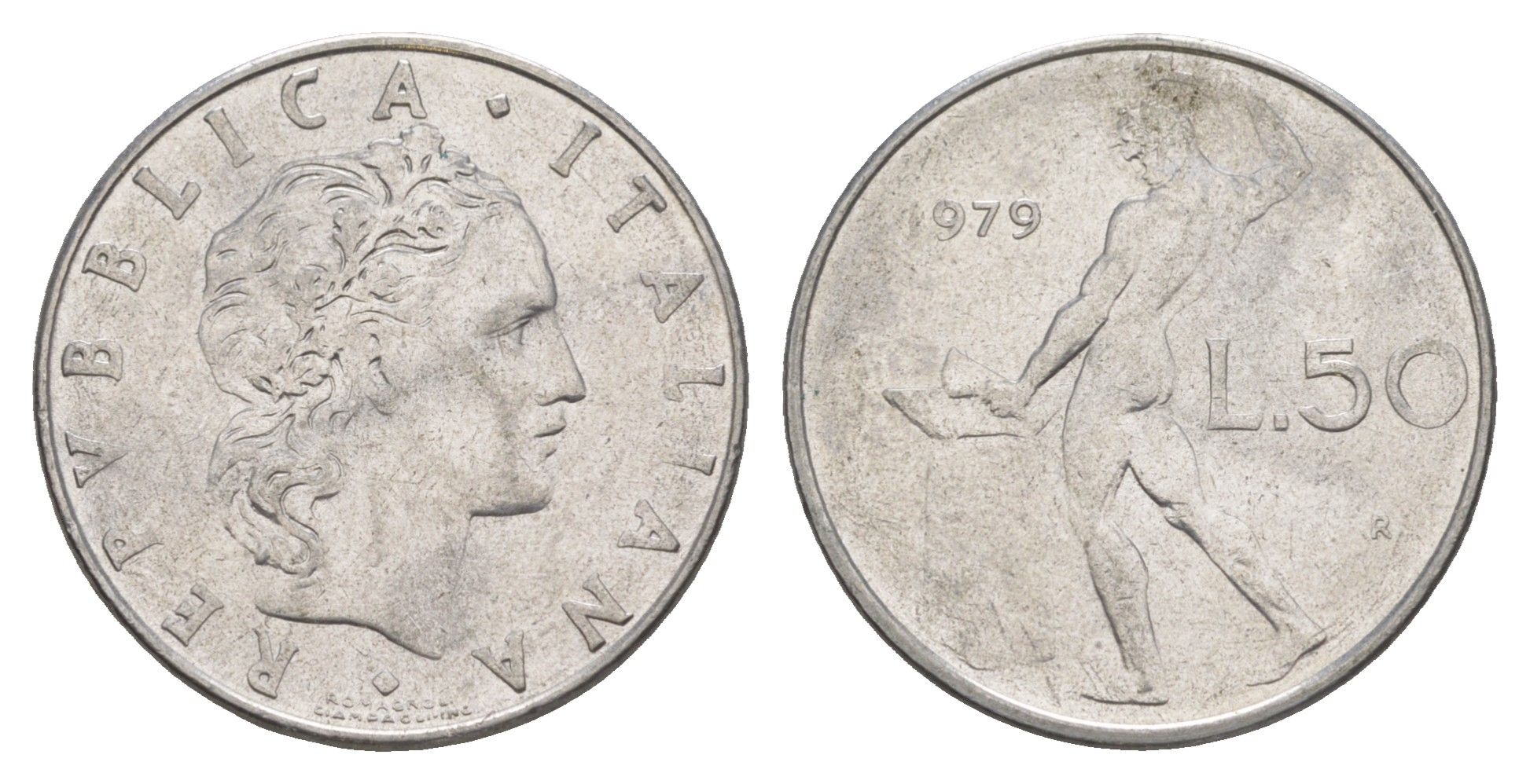 Италия 50 лир 1979 R, Бог огня Вулкан у наковальни KM 95.1 нержавеющая сталь 4523-1252