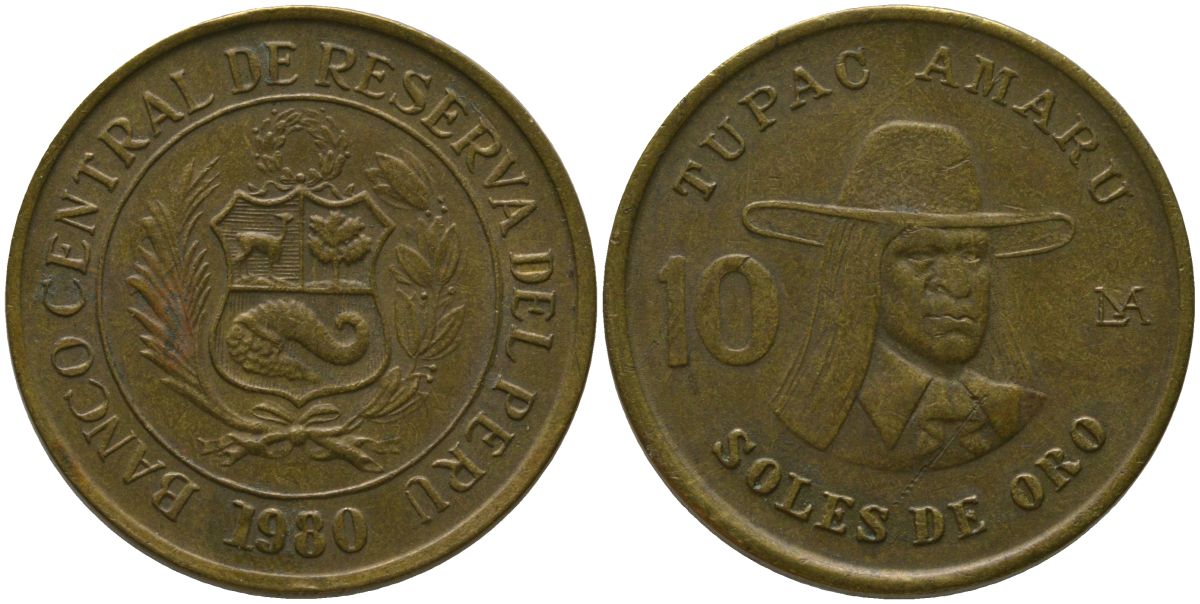 Перу 10 солей 1980 KM 272.2, Schon 73 латунь 4541-243