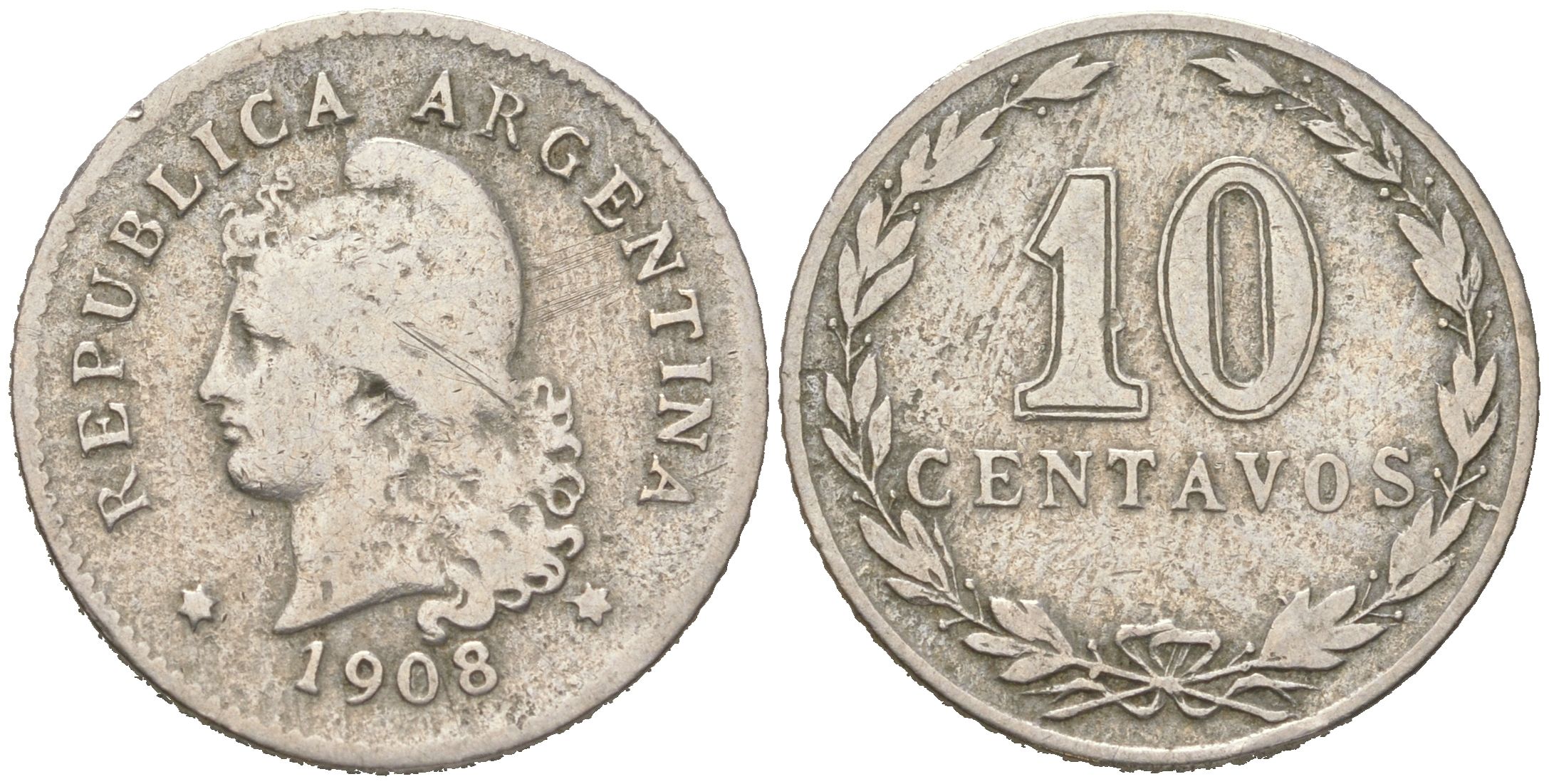 Аргентина 10 сентаво 1908 KM 35 медно-никель 4621-1049