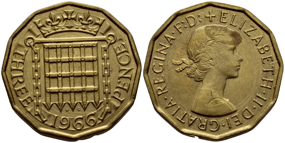 Великобритания 3 пенса 1966 Елизавета II (1952-2022) KM 900, Spink 4153 никель латунь 46-1332