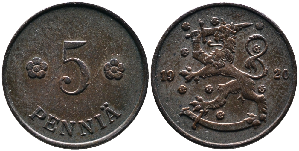Финляндия 5 пенни 1920 KM 22 медь 4387-425