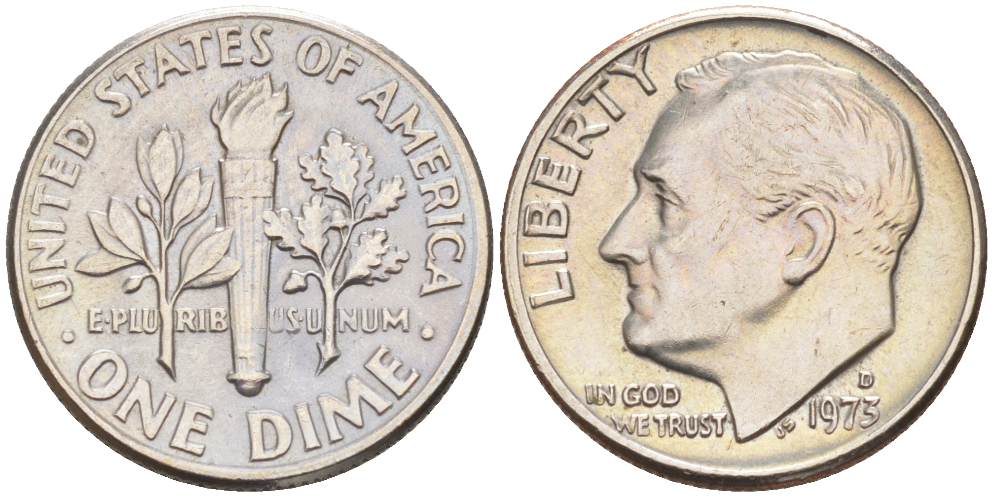 США 10 ЦЕНТОВ = 1 ДАЙМ 1973 D, РУЗВЕЛЬТ KM 195a медь плакированная медно-никелем 187-1049