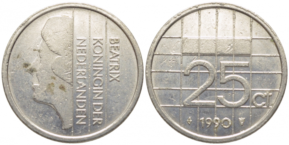 НИДЕРЛАНДЫ 25 ЦЕНТОВ 1990 БЕАТРИКС KM 204 никель 112-327