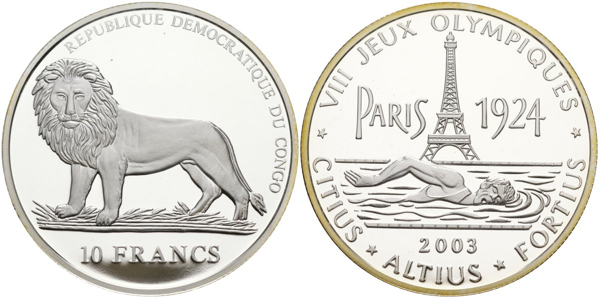 Конго 10 франков 2003 VIII олимпийские игры 1924 года в Париже, Эйфелева башня, плавание KM 251 серебро PROOF 04-319-35