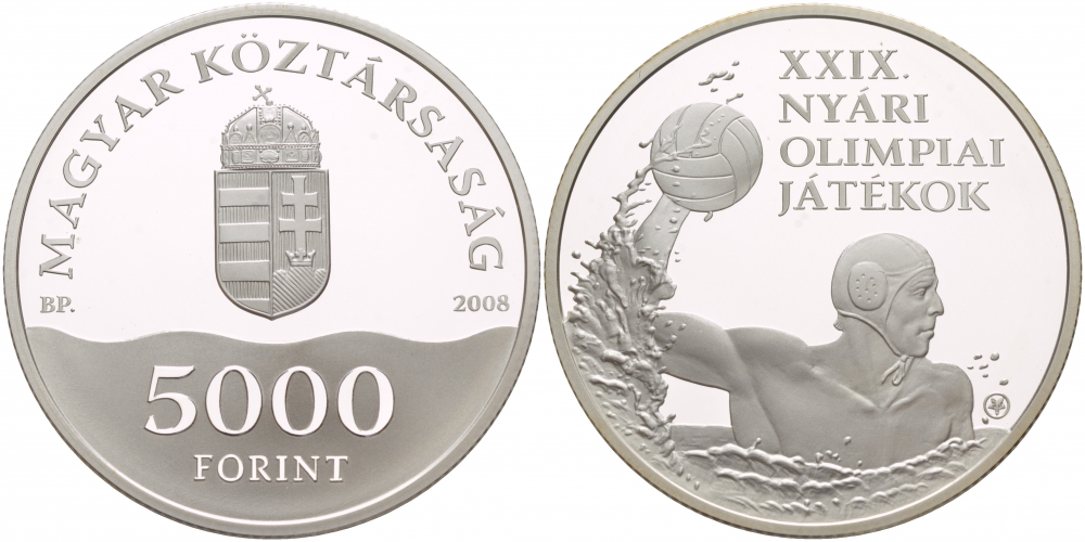 Венгрия 5000 форинтов 2008 Олимпийские игры, водное поло, тираж 14000 экземпляров KM 808 серебро PROOF 1088-3-53