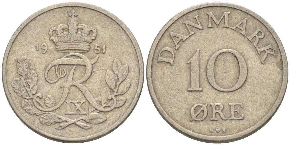Дания 10 эре 1951 N; S, Фредерик IX (1947-1972) KM 841 медно-никель 3718-337