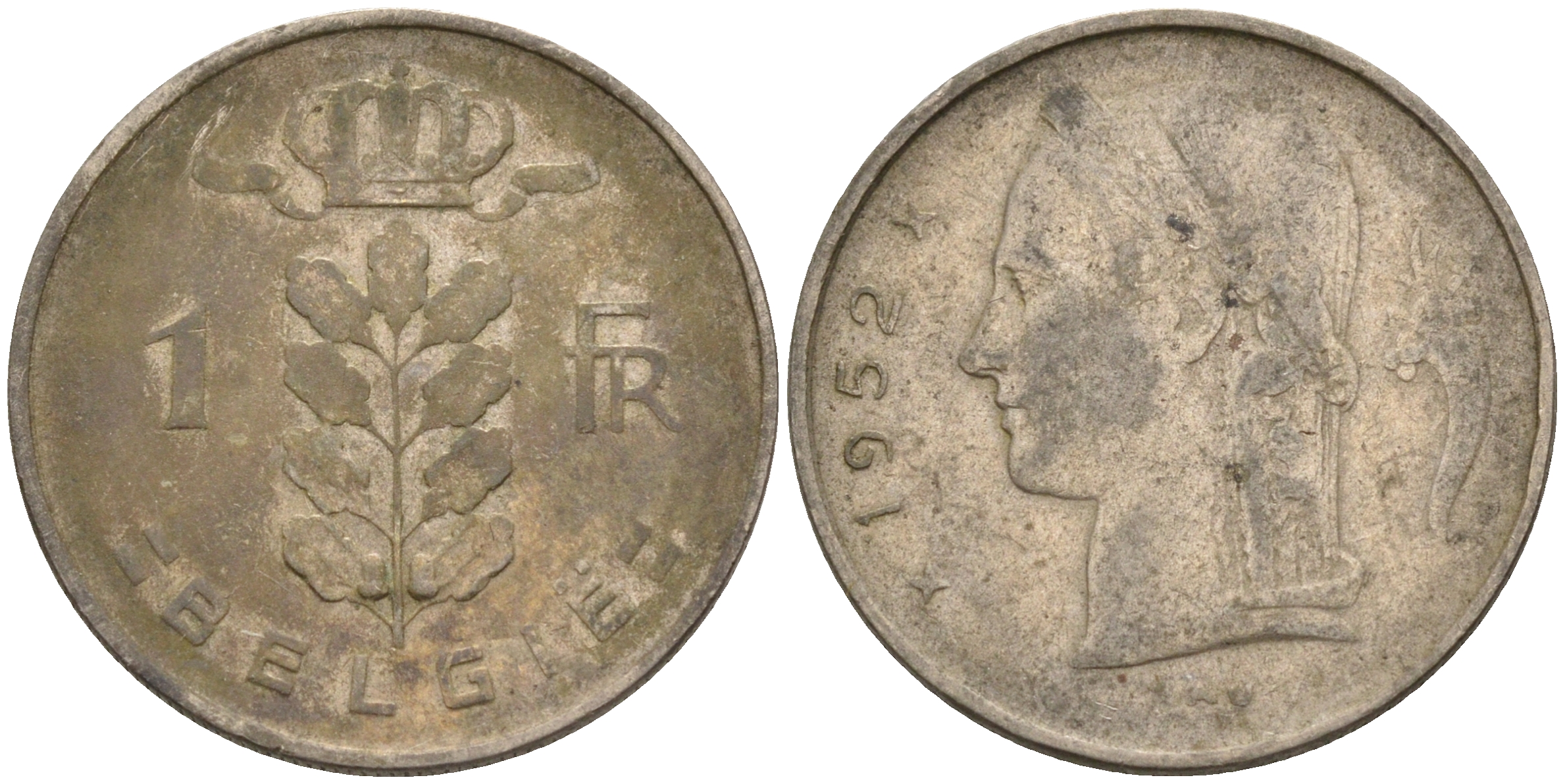 Бельгия 1 франк 1952 Belgie, Бодуэн I (1951-1993) KM 143.1 медно-никель    4592-1146