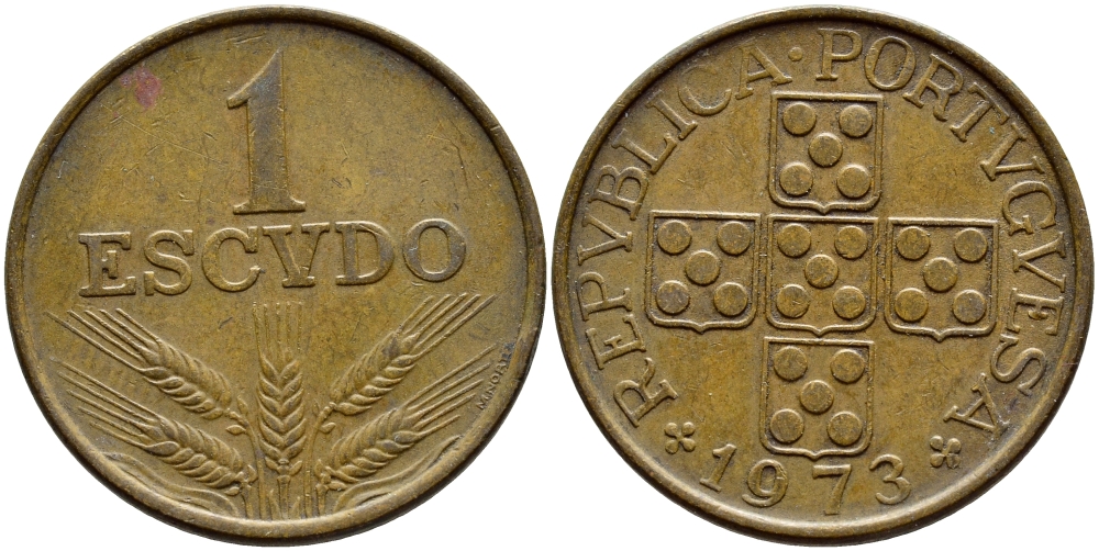Португалия 1 эскудо 1973 KM 597 бронза 4394-736