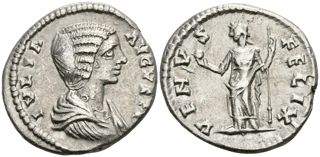 Римская Империя денарий 196 - 202 Юлия Домна, жена Септимия Севера VENVS FELIX Венера Лаодикея Приморская Good Very fine RIC 197 серебро 1073-4-93