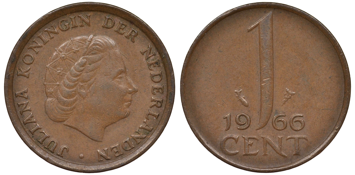 НИДЕРЛАНДЫ 1 ЦЕНТ 1966 ЮЛИАНА KM 180 бронза 62-721