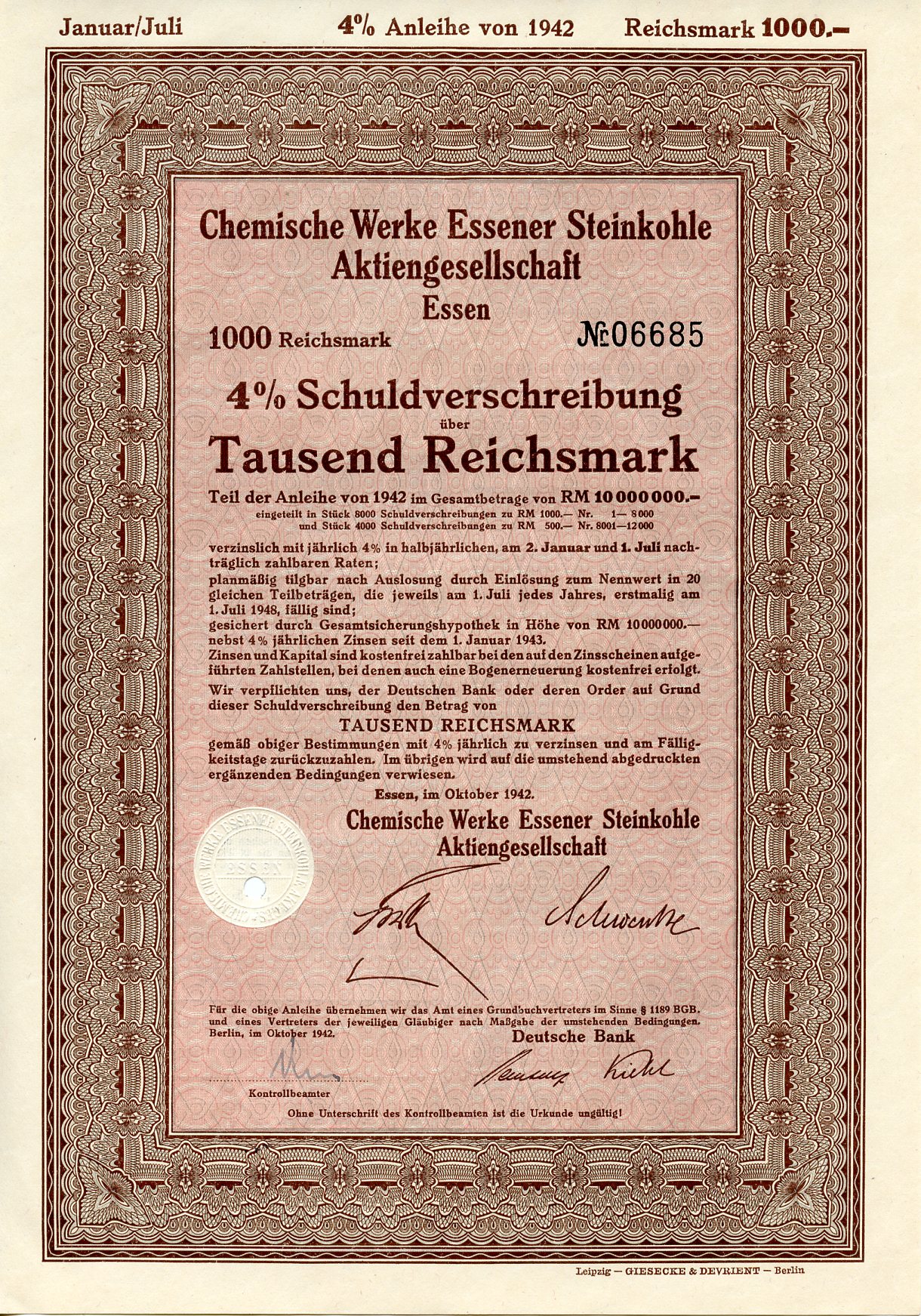 Германия 1000 рейхсмарок 1942 АО Химические заводы Эссенского каменного угля, 4 % долговое обязательство   бумага   8804-126-1