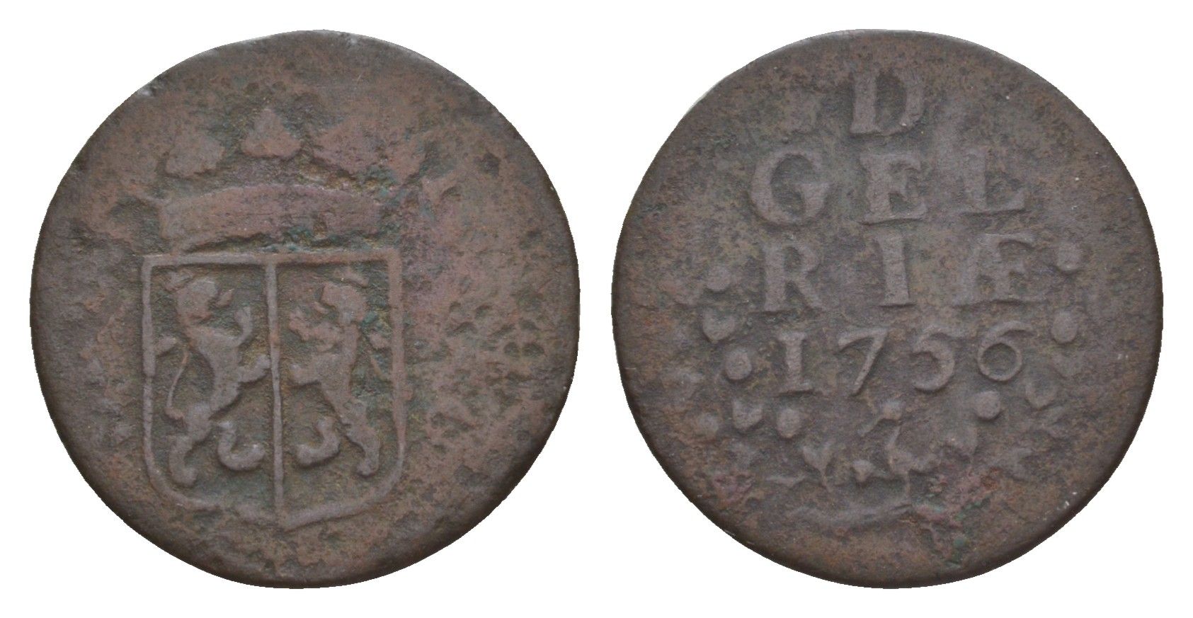 Нидерланды, Голландская Республика, Гелдерланд 1 дуит 1756 KM 88 медь 4651-1067