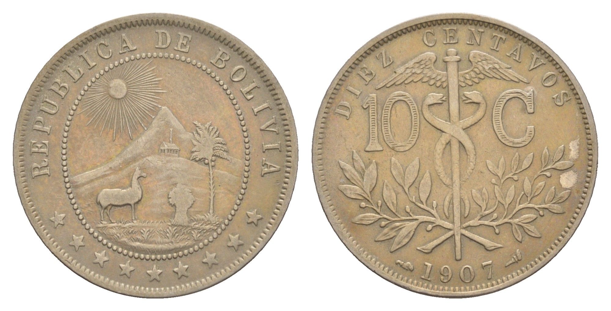 Боливия 10 сентаво 1907 KM 174 медно-никель 4656-153