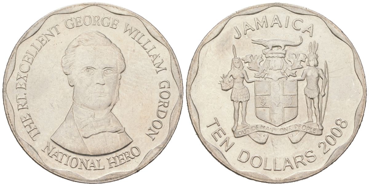 Ямайка 10 долларов 2008 KM 190 нержавеющая сталь 4616-1224