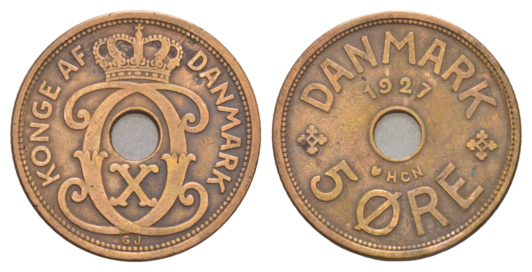 Дания 5 эре 1927 HCN, Кристиан X (1912-1947) KM 828 бронза 4657-233