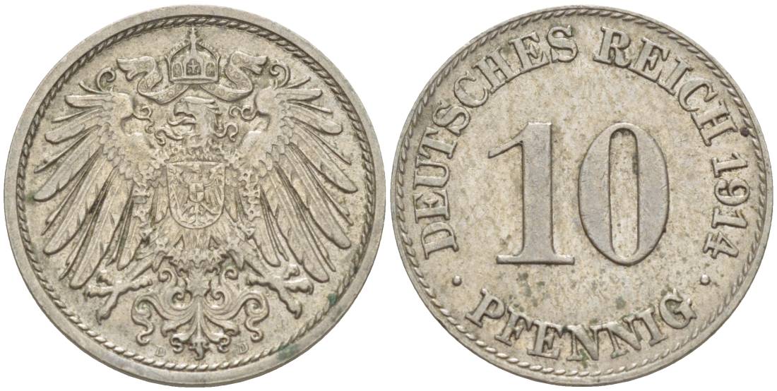 Германия 10 пфеннигов 1914 D KM 12, Jager 13, Weege 8 медно-никель 219-241