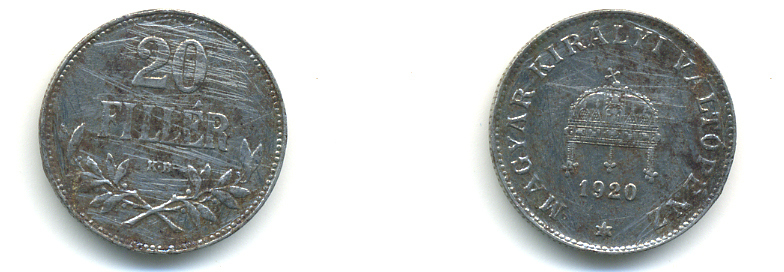 Венгрия 20 филлеров 1920 КВ, Карл I (1916-1918), редкий год KM 498 железо 93-427