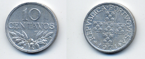 ПОРТУГАЛИЯ 10 СЕНТАВО 1971 KM 594 алюминий 29-1154
