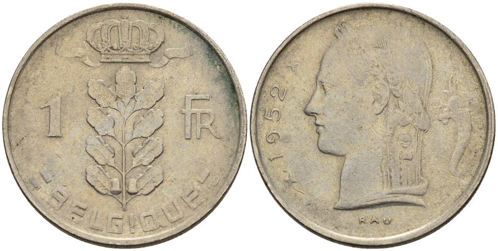 БЕЛЬГИЯ 1 ФРАНК 1952 BELGIQUE KM 142.1 медно-никель 4546-436