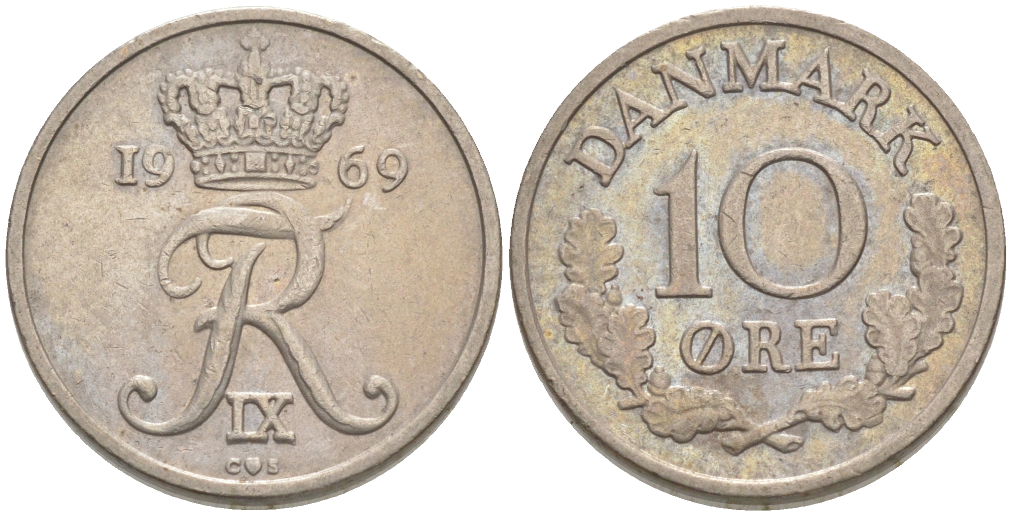 Дания 10 эре 1969 C,S, Фредерик IX (1947-1972) KM 849.1 медно-никель UNC 187-651