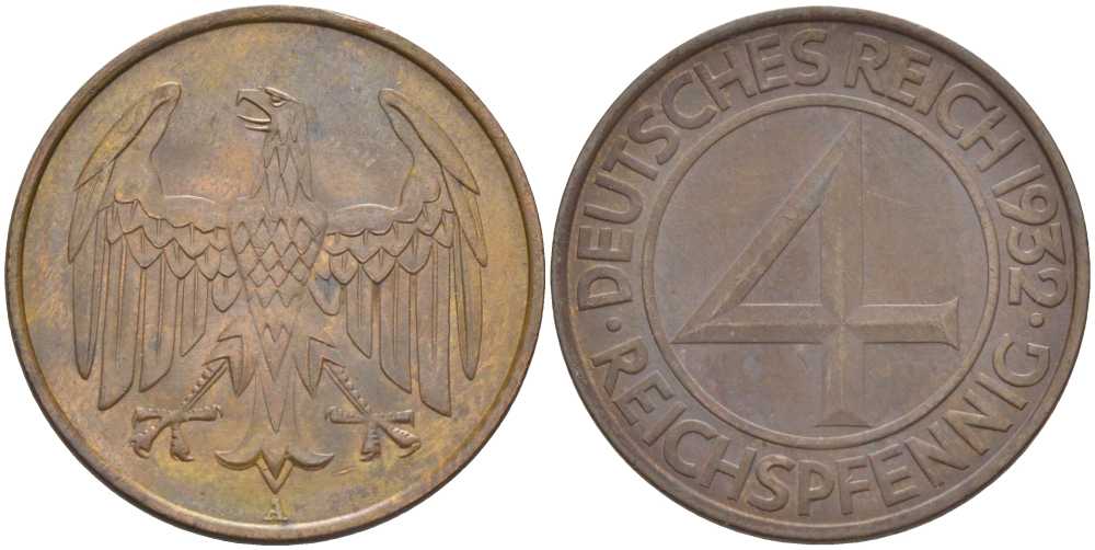ГЕРМАНИЯ 4 РЕЙХСПФЕННИГА 1932 A, ВЕЙМАРСКАЯ РЕСПУБЛИКА KM 75, J.315, Weege 5 медь 202-231