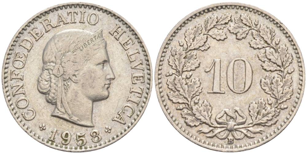 Швейцария 10 раппенов 1958 B KM 27 медно-никель     55-311