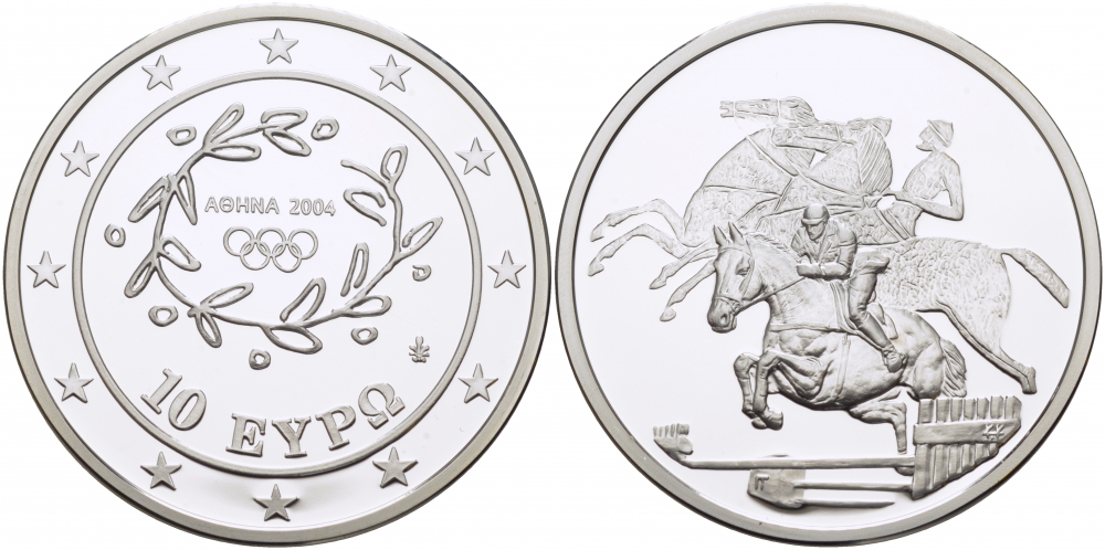 Греция 10 евро 2003 XXVIII летние Олимпийские игры 2004 года в Афинах, конный спорт, конкур KM 197 серебро PROOF 1077-8-42